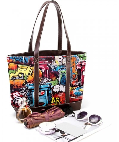 Graffiti Canvas Leather Mix Handbag - Stylish 13.3x4.7x12.2 in Bag for Women - Chic Blend of Canvas & Leather - Ideal for Eve...