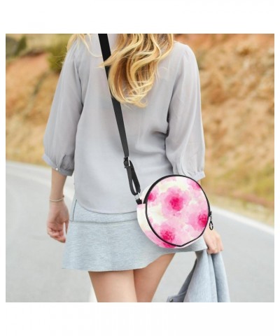 Pink Water Color Flower Crossbody Bag for Women Teen Girls Round Canvas Shoulder Bag Purse Tote Handbag Bag $11.33 Totes