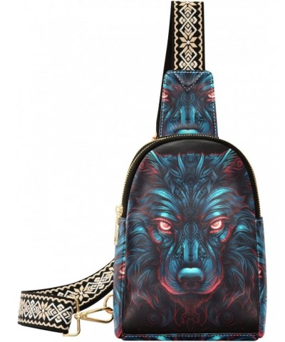 Women's Sling Bag Tribal Wolf Face Print with Adjustable Strap Zipper Closure, PU Leather Water Resistant Crossbody Bag Purse...