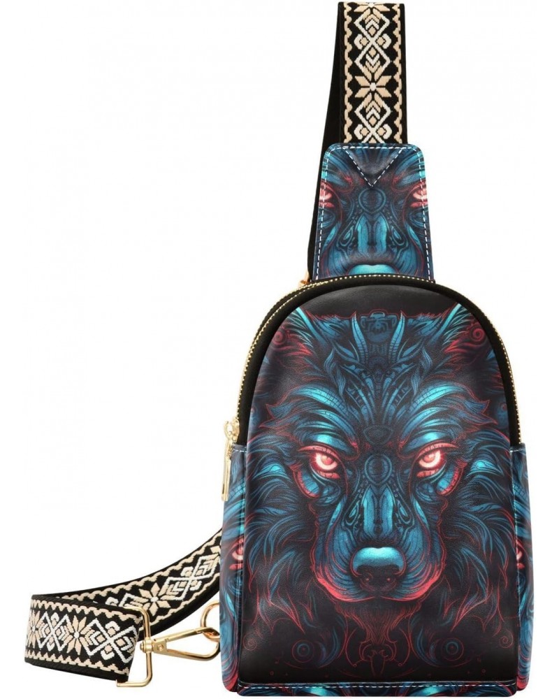 Women's Sling Bag Tribal Wolf Face Print with Adjustable Strap Zipper Closure, PU Leather Water Resistant Crossbody Bag Purse...