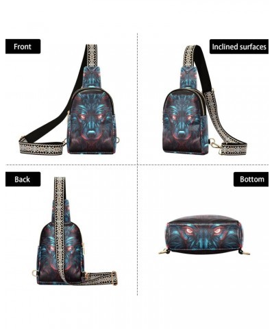 Women's Sling Bag Tribal Wolf Face Print with Adjustable Strap Zipper Closure, PU Leather Water Resistant Crossbody Bag Purse...