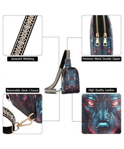 Women's Sling Bag Tribal Wolf Face Print with Adjustable Strap Zipper Closure, PU Leather Water Resistant Crossbody Bag Purse...