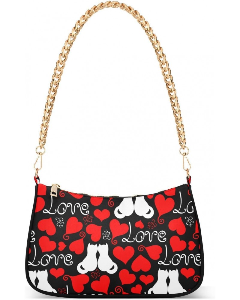 Women Chain Shoulder Purse Bag With Zipper Valentine Hearts Cats Print, Love Red Hobo Tote Clutch Handbags with Chain Strap $...