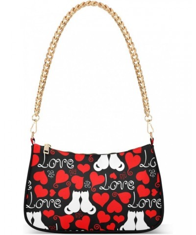 Women Chain Shoulder Purse Bag With Zipper Valentine Hearts Cats Print, Love Red Hobo Tote Clutch Handbags with Chain Strap $...