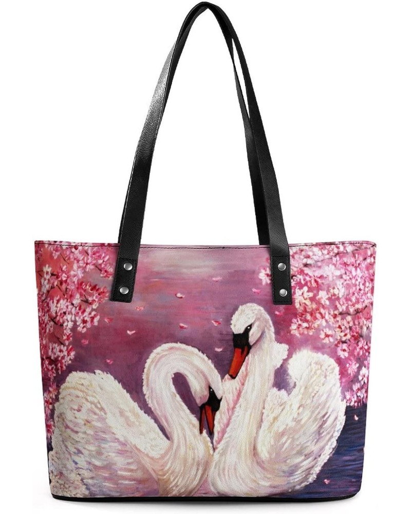 Womens Handbag White Swan Painting Leather Tote Bag Top Handle Satchel Bags For Lady $15.40 Totes