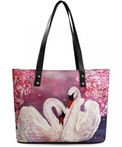 Womens Handbag White Swan Painting Leather Tote Bag Top Handle Satchel Bags For Lady $15.40 Totes