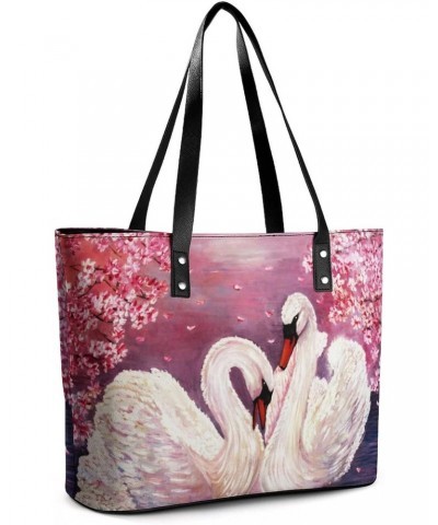 Womens Handbag White Swan Painting Leather Tote Bag Top Handle Satchel Bags For Lady $15.40 Totes