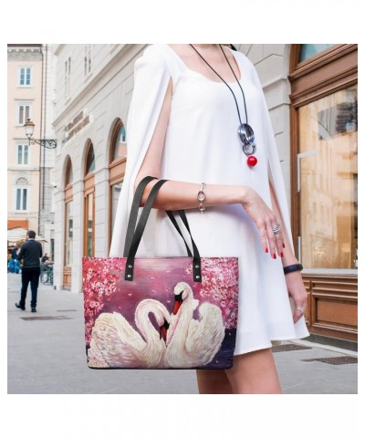 Womens Handbag White Swan Painting Leather Tote Bag Top Handle Satchel Bags For Lady $15.40 Totes