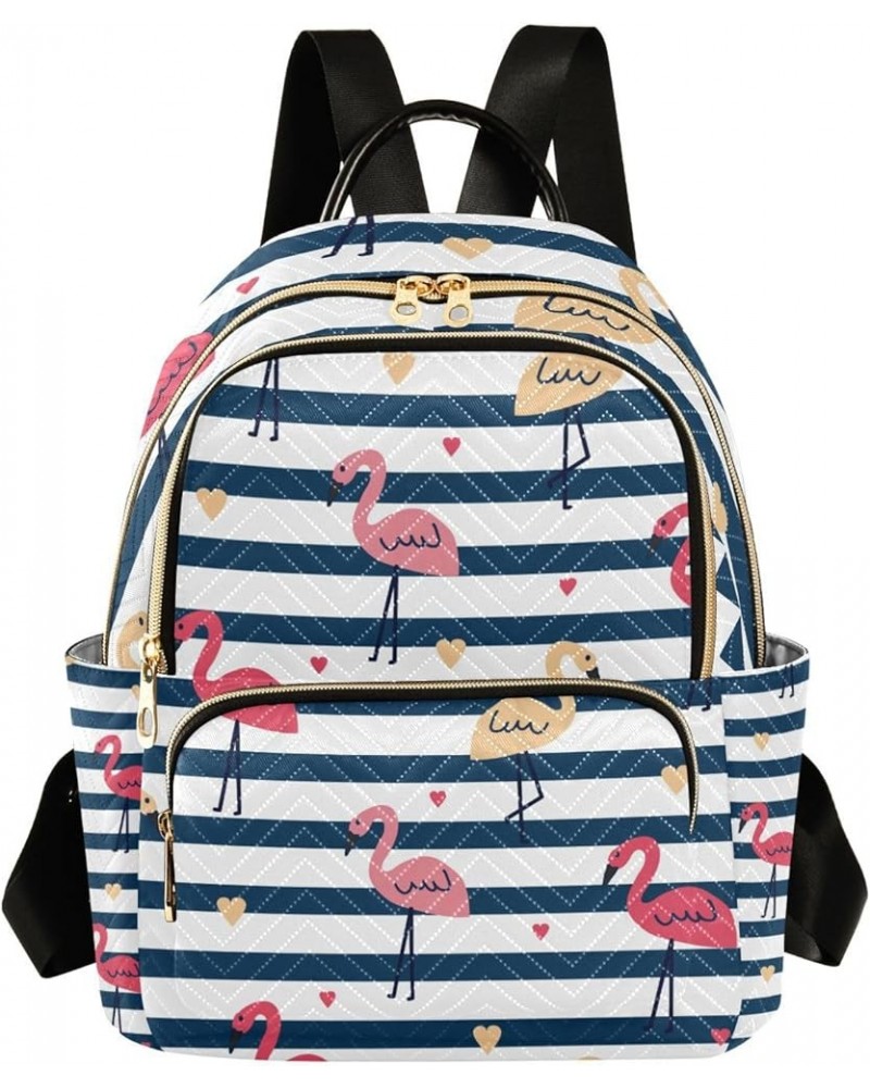 Women Backpack Navy Stripes Flamingo Heart Anti-Theft Travel Backpack with Luggage Belt Lightweight Handbag Lady Purse Roomy ...