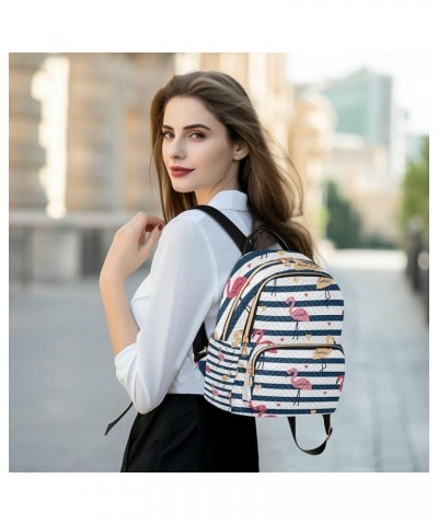 Women Backpack Navy Stripes Flamingo Heart Anti-Theft Travel Backpack with Luggage Belt Lightweight Handbag Lady Purse Roomy ...