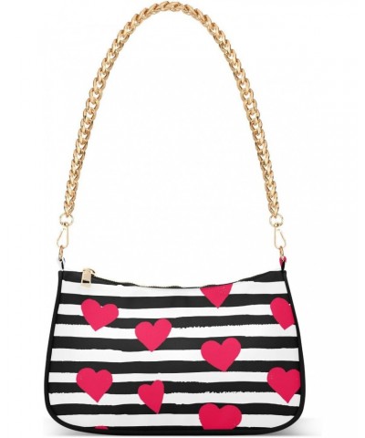 Women Chain Shoulder Purse Bag With Zipper Pink Hearts Horizontal Black Strips Print, Valentine's Day Hobo Tote Clutch Handba...