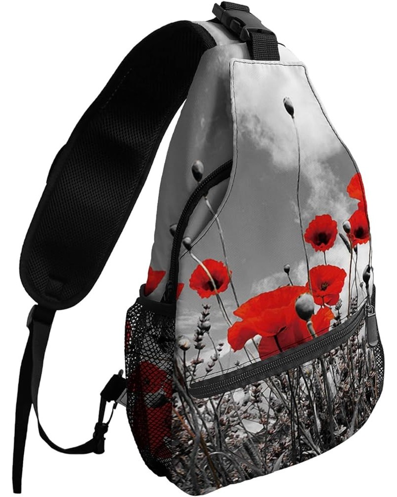 Sling Backpack, Red Poppy Waterproof Lightweight Small Sling Bag, Travel Chest Bag Crossbody Shoulder Bag Hiking Daypack for ...