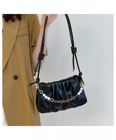 Women's Faux Leather Large Capacity Shoulder Bag with Chain Bead Handbag with Zipper Closure Adjustable Strap Black $8.40 Sho...