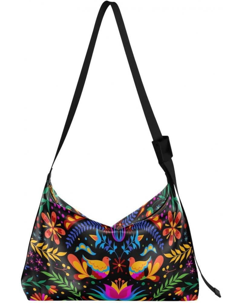 Mexican Ethnic Bird Flower Large Shoulder Bag, Hobo Bags for Women Men Soft PU Leather Crossbody Purse,FT1O094 $11.96 Crossbo...