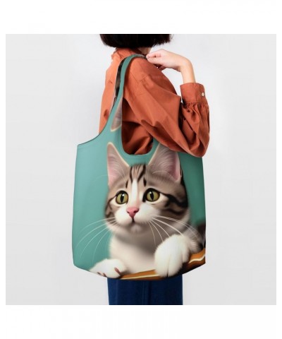 A Curious Cat One-Shoulder Commuting Canvas Bag,Fashionable And Lightweight,Extra Large Capacity,Easy To Store,Soft And Durab...