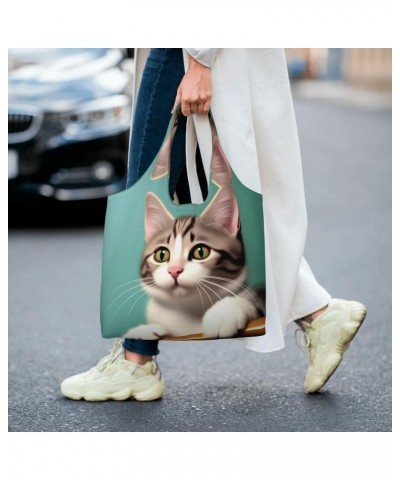 A Curious Cat One-Shoulder Commuting Canvas Bag,Fashionable And Lightweight,Extra Large Capacity,Easy To Store,Soft And Durab...