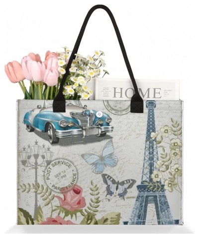 Paris Vintage Postcard Extra Large Beach Bag Women Handbags Shoulder Bag Tote Bags Casual Shopping Bag with Inner Zipper Pock...