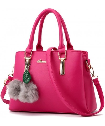 Women's PU Litchi Pattern Hair Ball Leaf Pendant Bag Shoulder Shopping Bag Rose Red $40.41 Totes