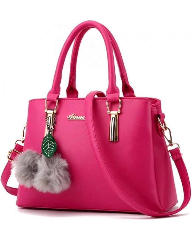 Women's PU Litchi Pattern Hair Ball Leaf Pendant Bag Shoulder Shopping Bag Rose Red $40.41 Totes