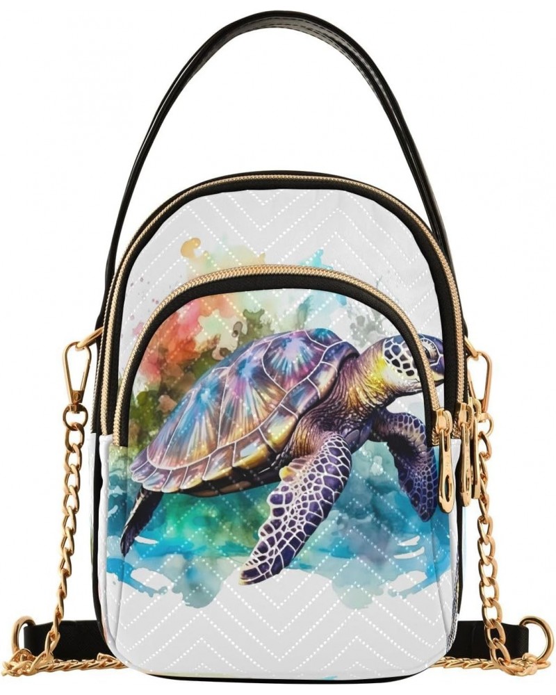 Watercolor Turle Crossbody Bags for Women Quilted Shoulder Bag Handbag with Chain Strap Trendy Cross Body Cell Phone Crossbod...