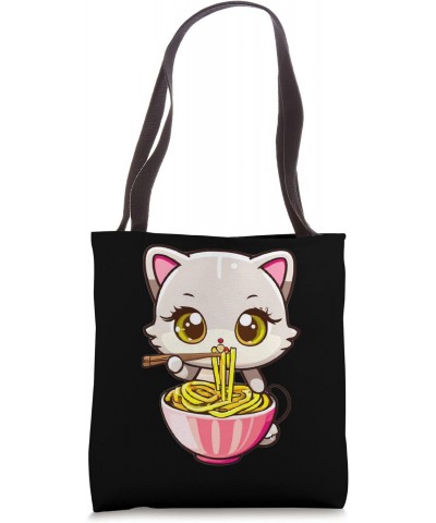 Cute Kawaii Kitty Cat Eating Noodles with Coipsticks Tote Bag $11.07 Totes