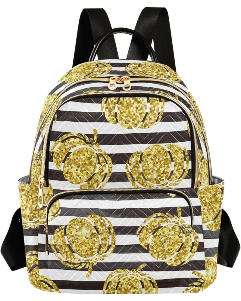 Gold Pumpkin Black and White Striped Halloween Thsanksgiving Autumn Women Backpack Purse Shoulder Bag Color Medium $16.50 Bac...