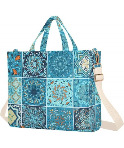 Teal Spanish Tiles Geometry Designer Totes for Women Beach Tote Bag Christmas Gift Work Tote with Pockets Teal Spanish Tiles ...