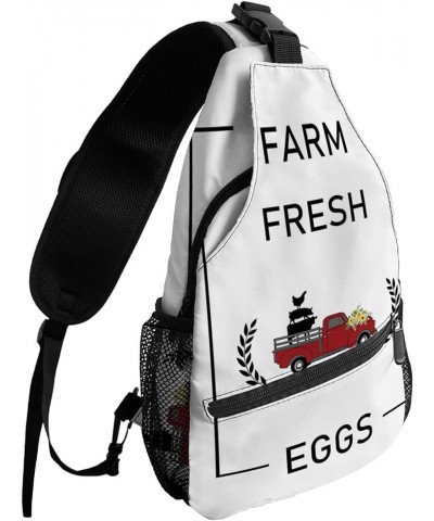 Sling Backpack, Farm Truck Pull Cow Pig Chicken Sunflower Wheat Waterproof Lightweight Small Sling Bag, Travel Chest Bag Cros...