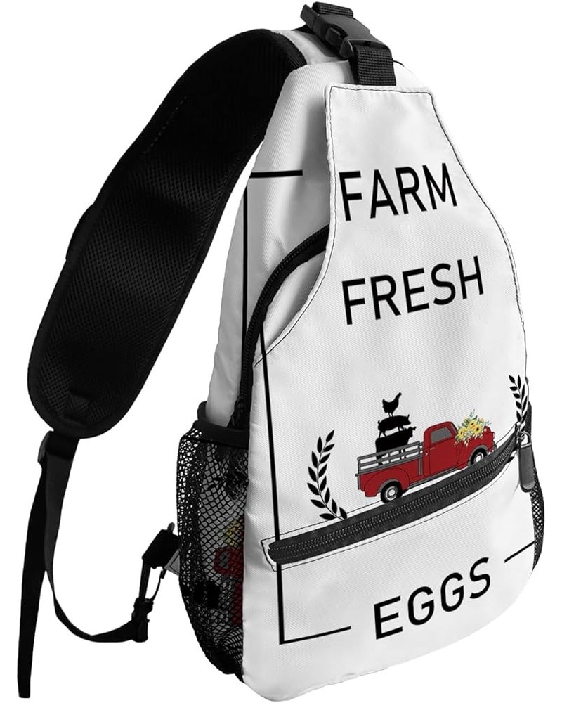 Sling Backpack, Farm Truck Pull Cow Pig Chicken Sunflower Wheat Waterproof Lightweight Small Sling Bag, Travel Chest Bag Cros...