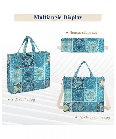 Teal Spanish Tiles Geometry Designer Totes for Women Beach Tote Bag Christmas Gift Work Tote with Pockets Teal Spanish Tiles ...