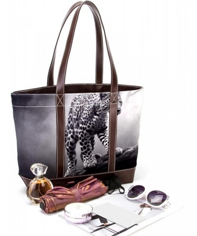 The Tote Bag For Women,Tote Bag With Zipper,Canvas Tote Bag,Black Gray Fog Leopard Handbags $20.48 Totes