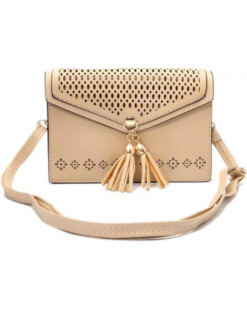 Tassel Accent Small Crossbody Bag with Hollow Flower Case Universal Mini Cellphone Purse Khaki $15.33 Crossbody Bags