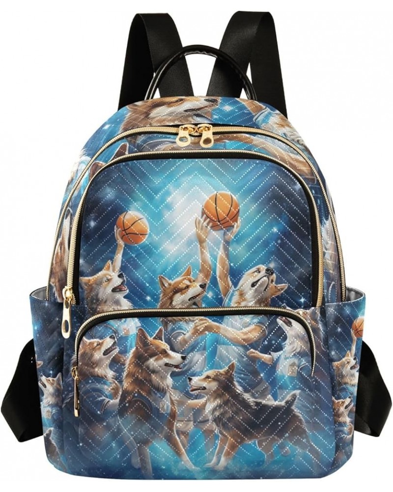 Small Backpack Purse for Women, Wolf Playing Basketball Travel Bag Casual Daypack Shoulder Bag Medium $16.56 Backpacks