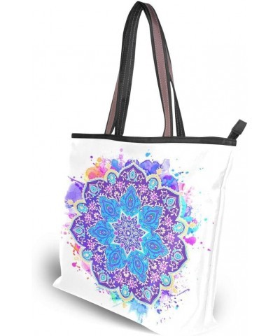 Woman Tote Bag Blue Mandala Watercolor Shoulder Handbag for Work Travel Business Beach Shopping $14.21 Shoulder Bags