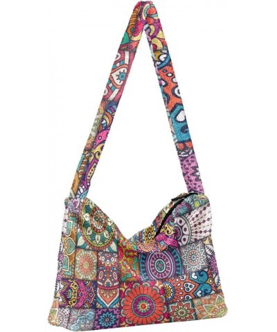 Boho Mandala Furry Tote Bag for Women Crossbody Bag Shoulder Handbags Cute Purse with Zipper for Daily Use $11.54 Totes