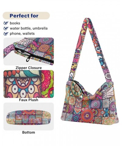 Boho Mandala Furry Tote Bag for Women Crossbody Bag Shoulder Handbags Cute Purse with Zipper for Daily Use $11.54 Totes