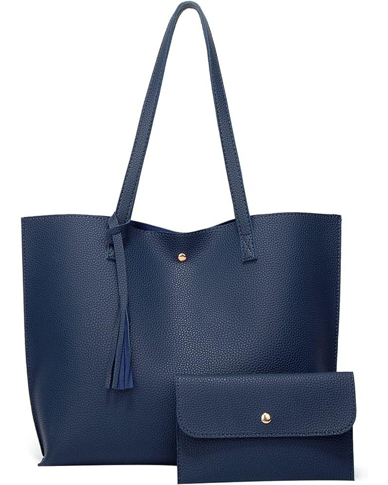 Fashion Solid Piece Color Shoulder Tassel Single Two Handbag Bags Women's Tote Plastic Storage Tote Navy $15.38 Totes