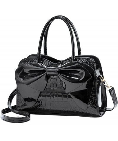 Shiny Women Handbag Patent Leather Bowknot Purse Charm Glossy Top-Handle Satchel Tote Fashion Shoulder Bag(Black) Black $24.1...