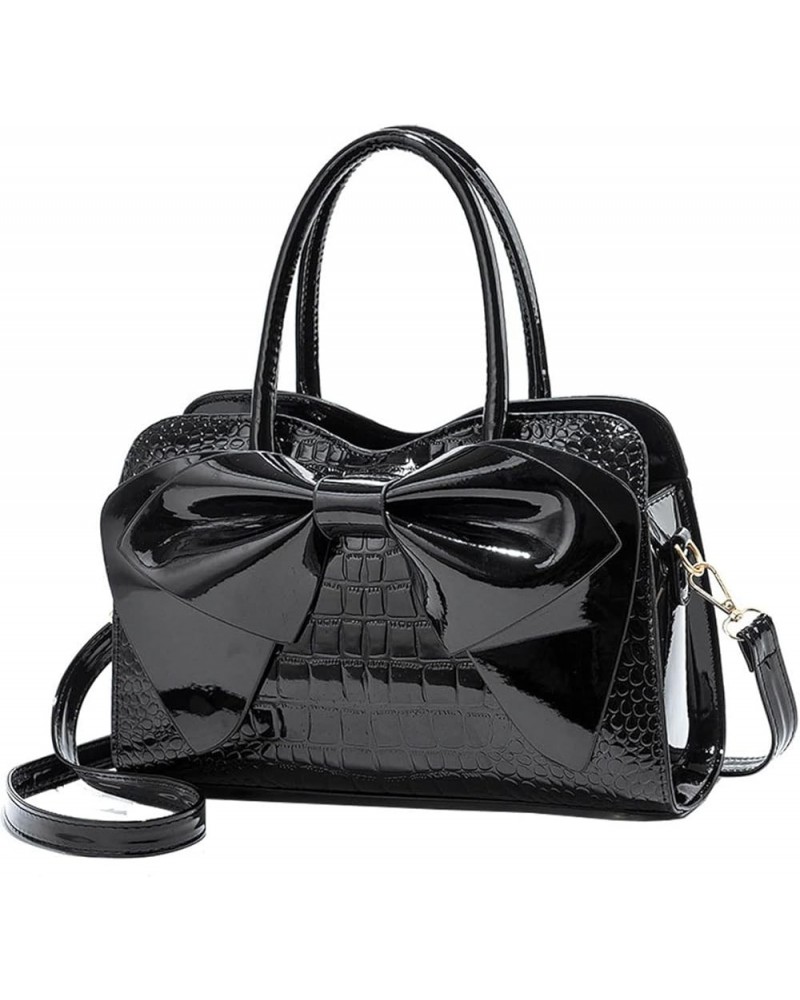 Shiny Women Handbag Patent Leather Bowknot Purse Charm Glossy Top-Handle Satchel Tote Fashion Shoulder Bag(Black) Black $24.1...