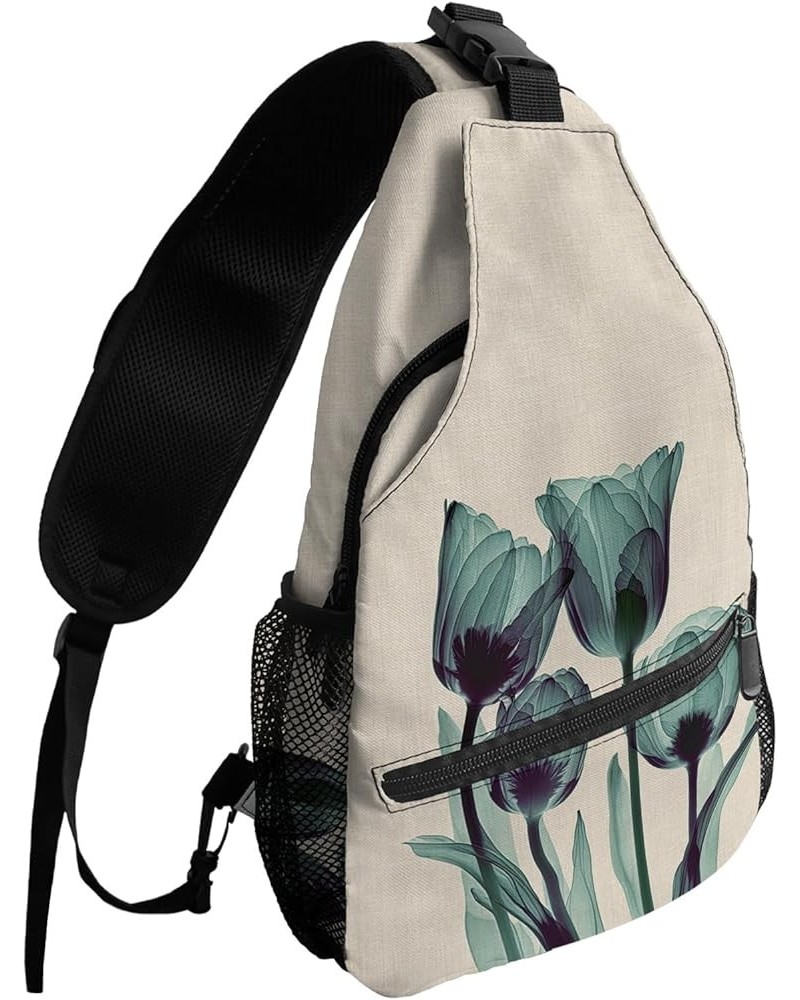 Sling Bag Crossbody Bag for Women Men Abstract Transparent Blue Flower Tulip Wood Grain Waterproof Hiking Backpack Lightweigh...