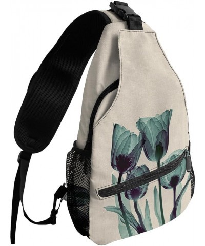 Sling Bag Crossbody Bag for Women Men Abstract Transparent Blue Flower Tulip Wood Grain Waterproof Hiking Backpack Lightweigh...