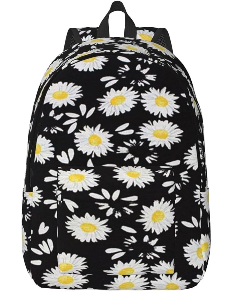 White Daisy Print Unisex Canvas Backpack Cute Backpack For Travel Sports Casual Aesthetic Backpack Black Medium $21.43 Backpacks