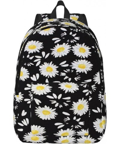 White Daisy Print Unisex Canvas Backpack Cute Backpack For Travel Sports Casual Aesthetic Backpack Black Medium $21.43 Backpacks