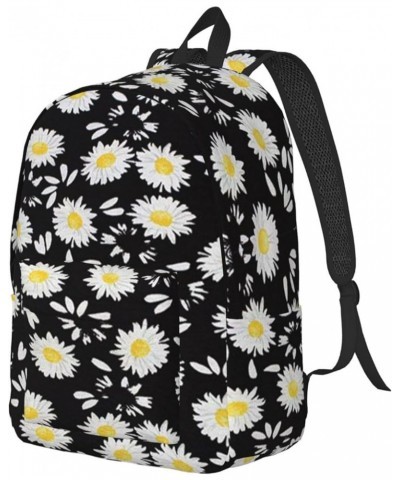 White Daisy Print Unisex Canvas Backpack Cute Backpack For Travel Sports Casual Aesthetic Backpack Black Medium $21.43 Backpacks