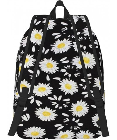 White Daisy Print Unisex Canvas Backpack Cute Backpack For Travel Sports Casual Aesthetic Backpack Black Medium $21.43 Backpacks