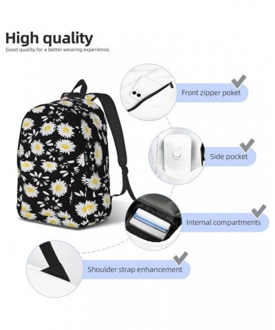 White Daisy Print Unisex Canvas Backpack Cute Backpack For Travel Sports Casual Aesthetic Backpack Black Medium $21.43 Backpacks