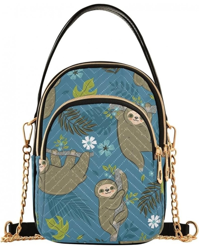 Sloths Tropical Leaves Teal Blue Small Cell Phone Bag Quilted over Shoulder Handbag Leather Ladies Crossbody Purse Sloths Tro...