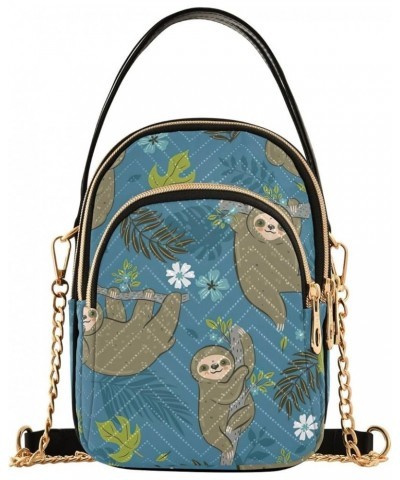 Sloths Tropical Leaves Teal Blue Small Cell Phone Bag Quilted over Shoulder Handbag Leather Ladies Crossbody Purse Sloths Tro...