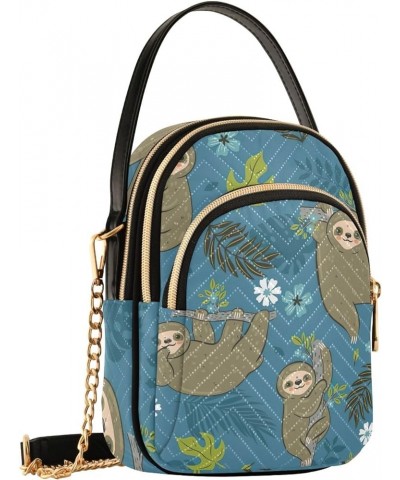 Sloths Tropical Leaves Teal Blue Small Cell Phone Bag Quilted over Shoulder Handbag Leather Ladies Crossbody Purse Sloths Tro...