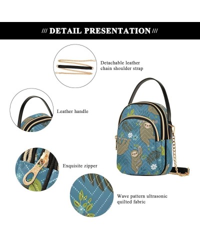 Sloths Tropical Leaves Teal Blue Small Cell Phone Bag Quilted over Shoulder Handbag Leather Ladies Crossbody Purse Sloths Tro...